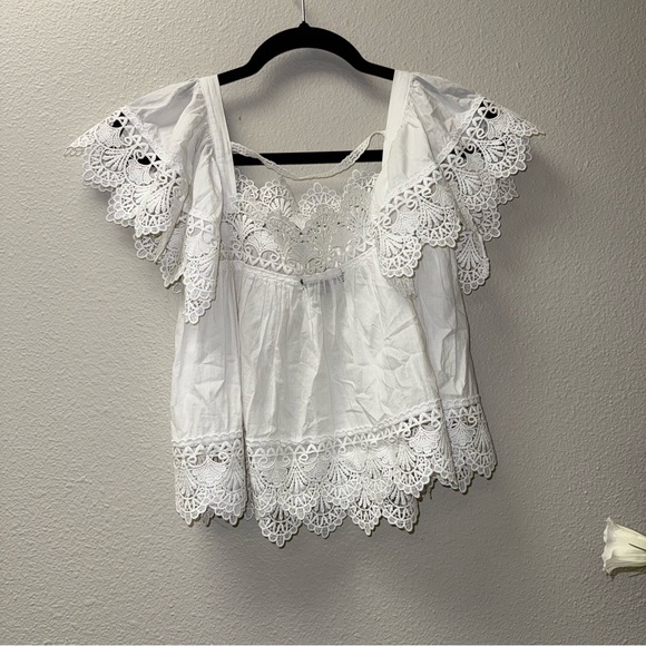 Timing White Crochet Lace Peasant Blouse Boho Cottagecore Top - Picture 3 of 5